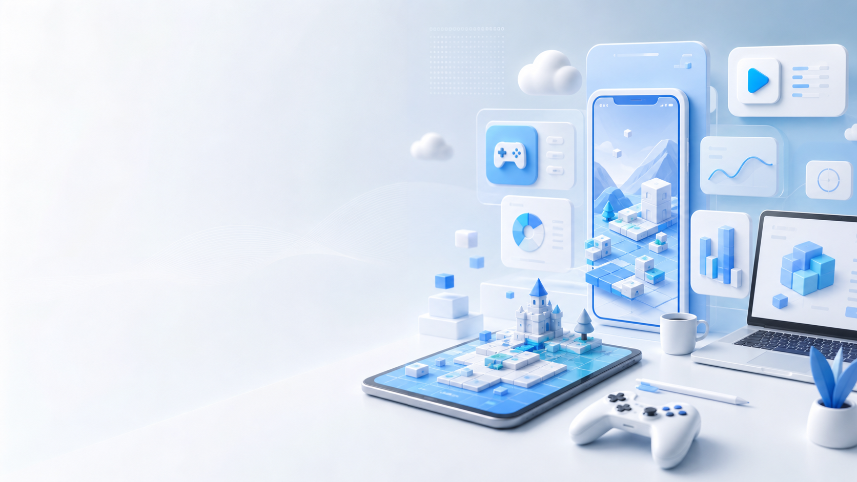 Light sky-blue mobile game development workspace with app panels and game elements