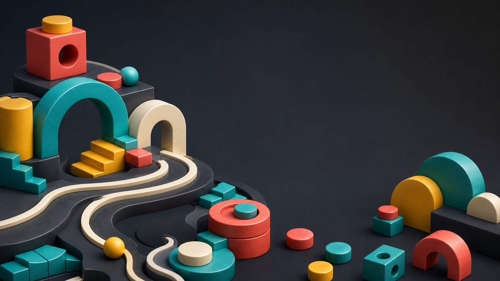 Colorful abstract game pieces arranged in a playful mobile game world